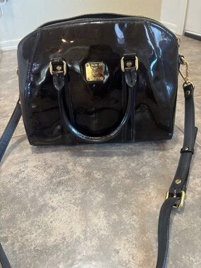 MCM Black Patent Leather Satchel with Gold Plaque and Hardware
